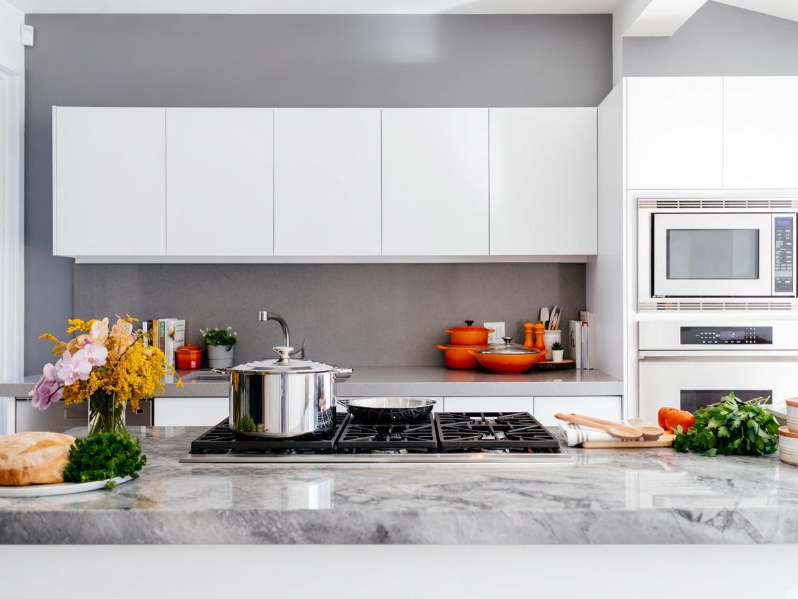 Kitchen range, backsplash, and upper cabinets straight-on