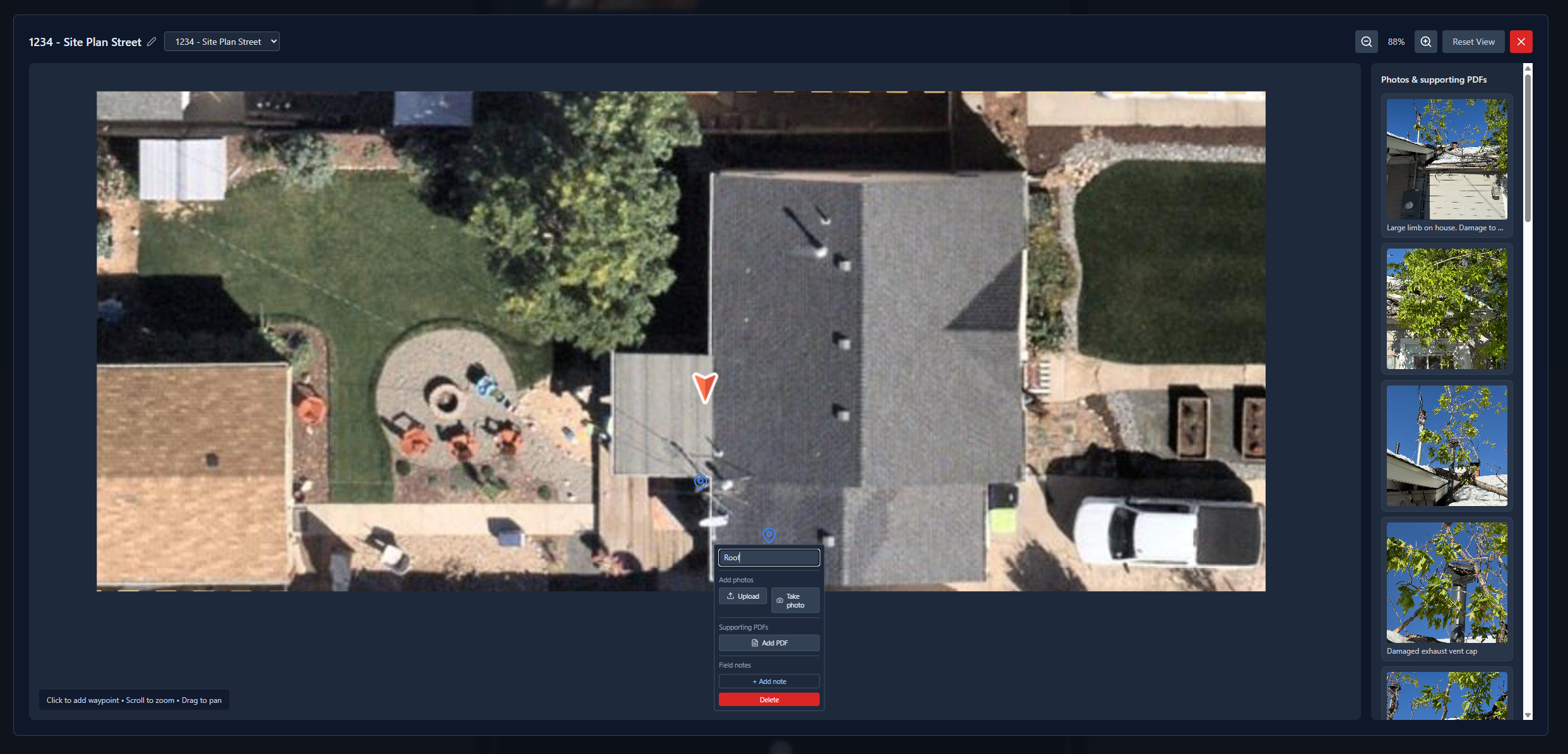 FotoLedger workspace with field photos pinned to a site plan